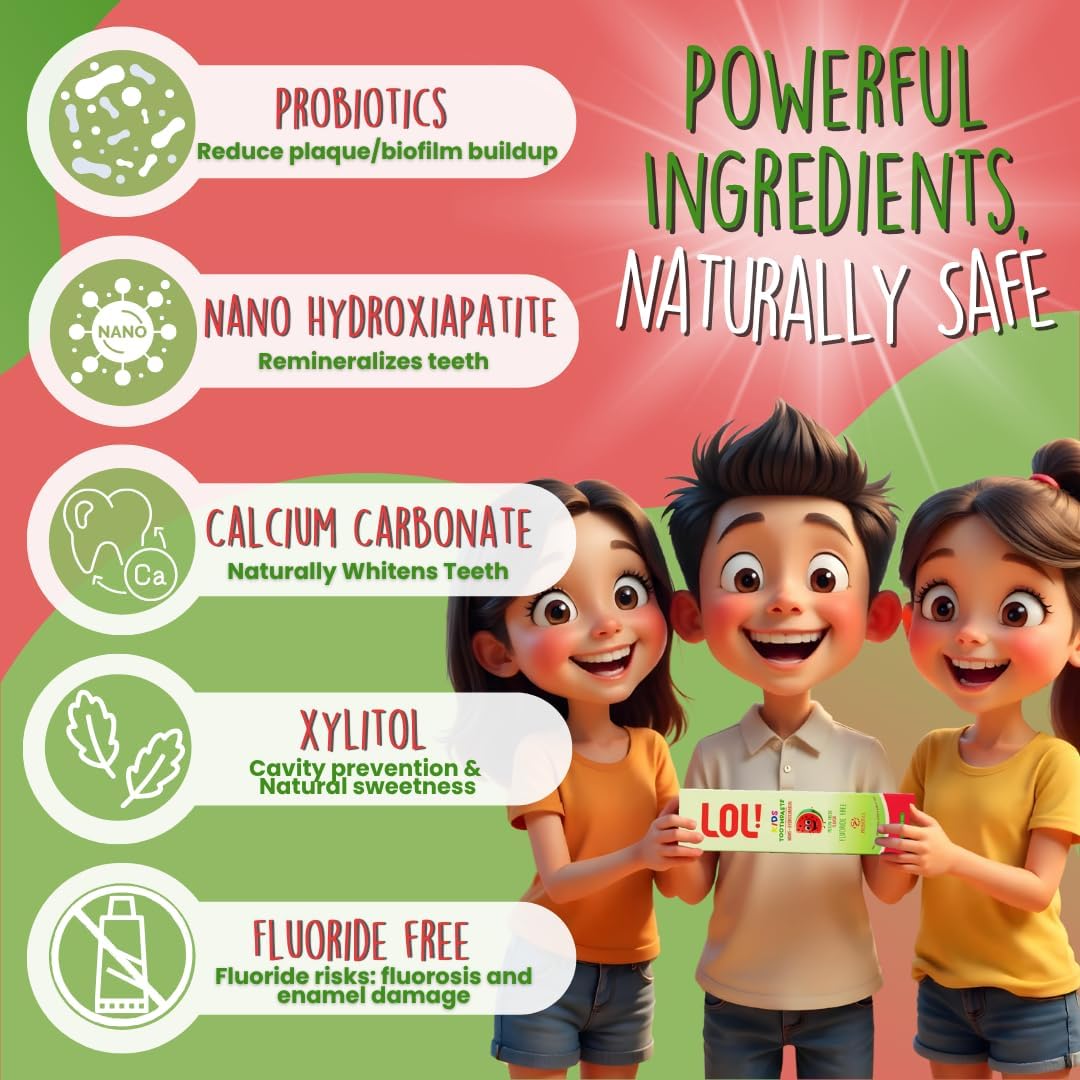 LOL Kids Toothpaste | Fluoride Free 2-Flavors Pack | Nano Hydroxyapatite Toothpaste, Probiotics, Vitamins A, C, E | Safe if Swallowed, No SLS | 1 Cinnamon, 1 Watermelon