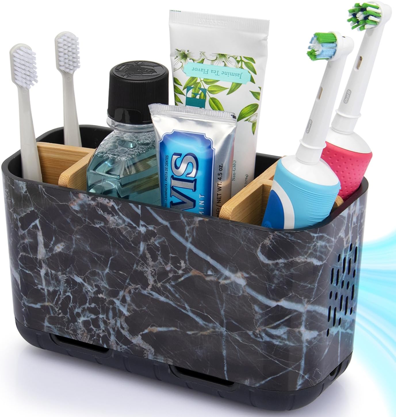 Marble Toothbrush Holders, 5 Slots Bamboo Toothbrush and Toothpaste Holder for Bathroom Counter with Drainage, Kids Electric Toothbrush Organizer, Black Toothbrush Holders for Bathrooms