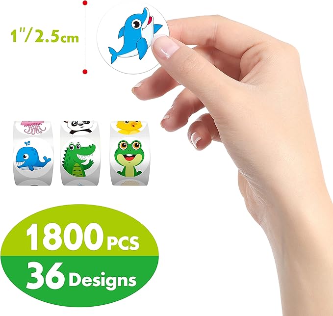 1800 PCS Round Animal Stickers, 36 Designs Wild/Farm/Marine Animal Cartoon Teacher Reward Stickers for Kids, Party Decoration Sticker for School Classroom Home with Perforation Line(1” Each, 3 Rolls)