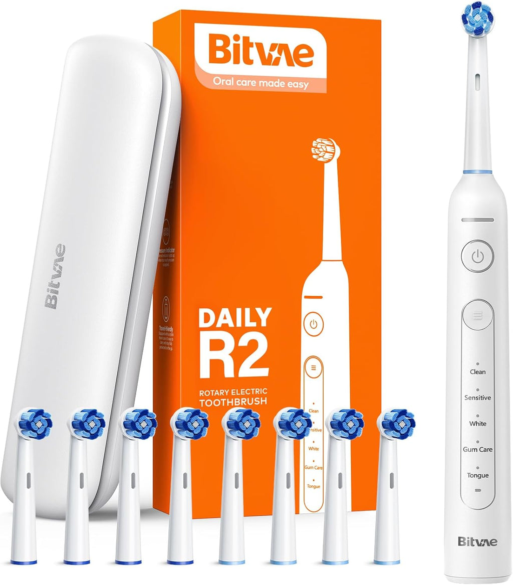 Bitvae R2 Rotating Electric Toothbrush for Adults with 8 Brush Heads, 5 Modes Rechargeable Power Toothbrush with Pressure Sensor, White