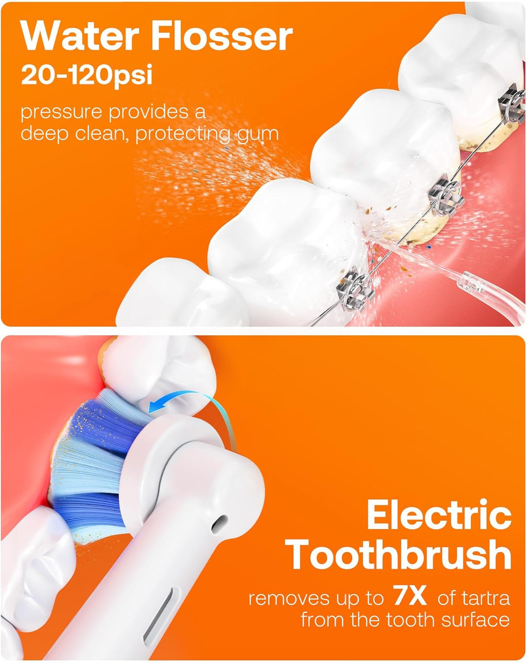 Bitvae Water Dental Flosser Teeth Picks, Cordless Water Flosser for Teeth, Braces, Dental Care and Rechargeable Rotary Electric Toothbrush Combo Set, 4 Tips, 4 Brush Heads, Waterproof, Pink, C5+R1