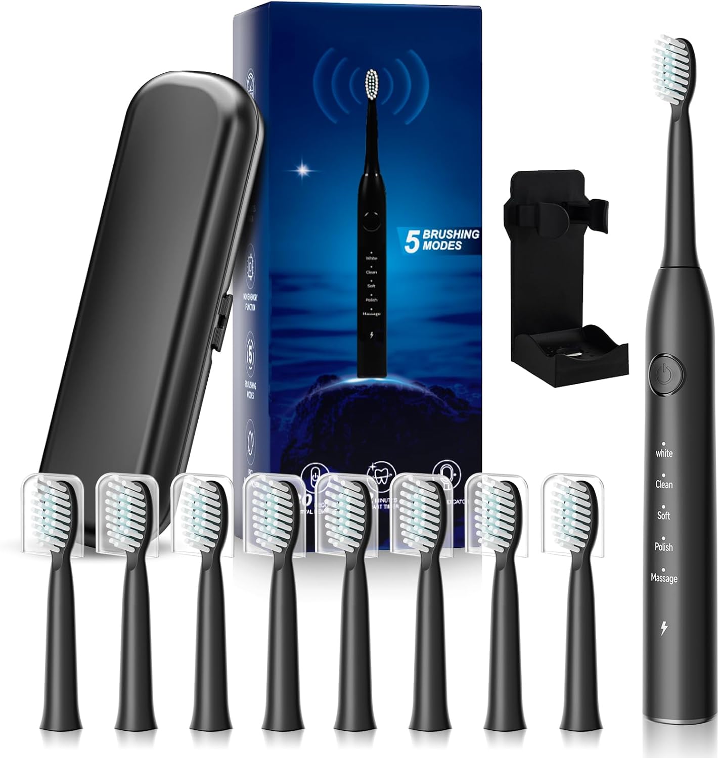 Rechargeable Electric Toothbrush, 8 Brush Heads, with 100 Day Battery Life, 5 Cleaning Modes, Fast Type-C Charging, Comes with Portable Travel Case & Holder, Black