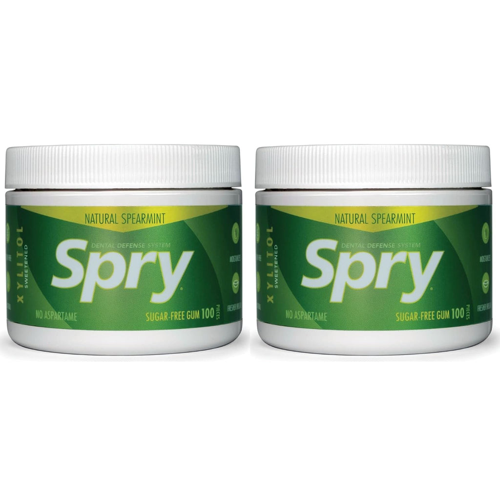 Spry Fresh Natural Xylitol Chewing Gum Dental Defense System - Aspartame-Free, Sugar-Free, Non-GMO, Gluten-Free (Spearmint, 100 Count - Pack of 2)