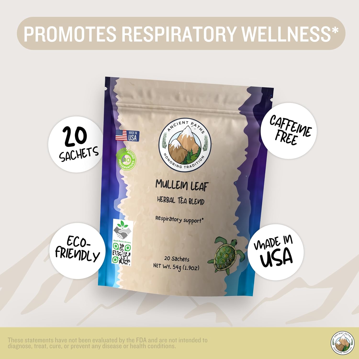 Ancient Paths Mullein Herbal Tea Blend - Respiratory Support & Immunity - Mullein Tea Leaf, Licorice, Peppermint, Elecampane - Caffeine-Free, Sustainable Tea Bags & Good Faith Grown (20 Sachets)