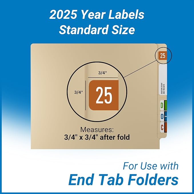 2025 Year Stickers, Doctor Stuff 2025 Chart Stickers, Brown Color Coded, GBS/VRE Style, USA Made Year Labels for End Tab File Folders, 500 Labels/Roll in a Dispenser Box, 3/4" x 1-1/2"