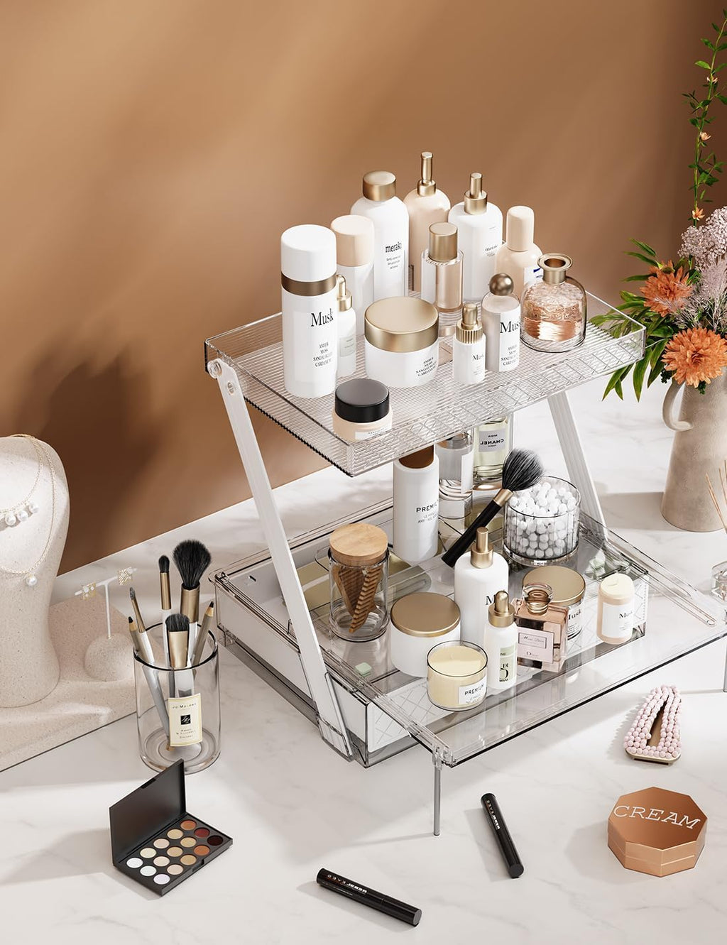 Z-Shaped Bathroom Countertop Organizer – 2-Tier Vanity Organizer with Sliding Tray & Drawer for Skincare, Makeup & Perfume – Acrylic Storage for Dresser, Office or Desk