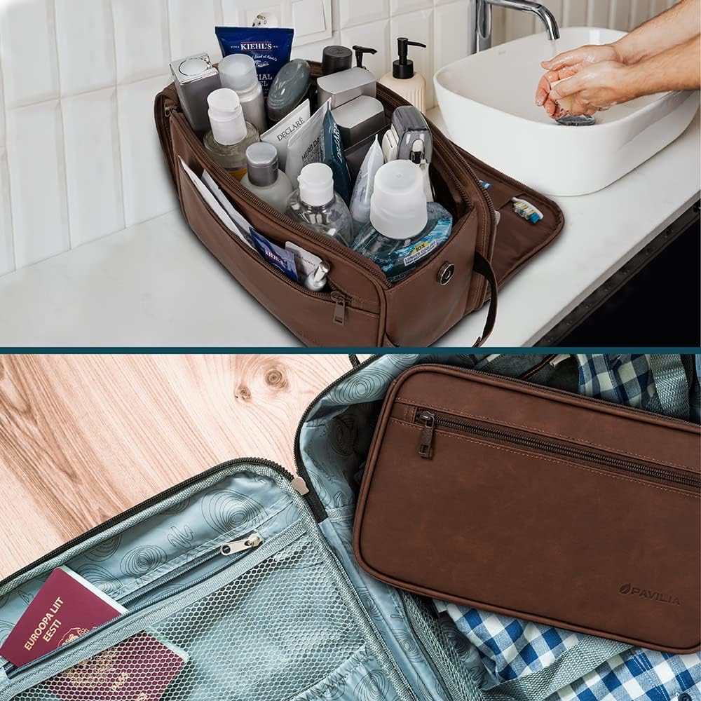PAVILIA Toiletry Bag for Men, Travel Essentials Shaving Dopp Kit, Mens Travel Bag Toiletries Organizer Case for Grooming, PU Leather Water Resistant Cosmetic Bag Pouch (XL, Dark Brown)