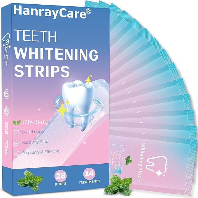 Teeth Whitening Strips, Professional Enamel-Safe White Strips & Whitening Kit, No-Slip for Sensitive Teeth, 3X Faster Results, Coffee, Tea, Wine & Smoking Stain Removal | 28 Treatments - HanrayCare