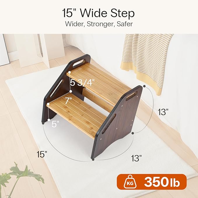StrongTek Bamboo Kids Step Stool with Handles, 15" Wide Non-Slip Steps, 350 lb Capacity, Portable 2-Step Wooden Footstool, Easy to Assemble & Clean, Ideal for Bathroom, Kitchen, Sink & Toilet