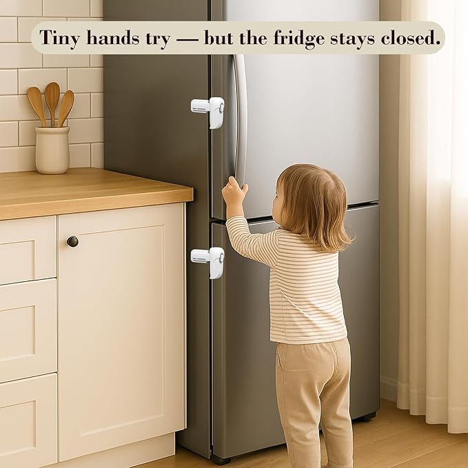2 Pack Child Proof Fridge Lock, Baby Safety Refrigerator & Freezer Door Lock for Toddlers, Kids & Pets, One-Hand Operation, Strong Adhesive, No Tools or Drilling Needed, White