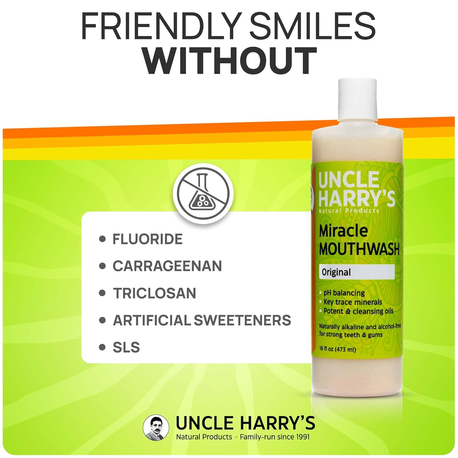 Uncle Harry's Natural Alkalizing Miracle Mouthwash | Adult & Kids Mouthwash for Bad Breath | pH Balanced Oral Care Mouth Wash & Mouth Rinse (16 fl oz)