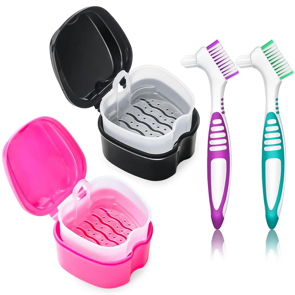 2 Pack Colors Denture Bath Case Cup Retainer Cleaner Holder Case False Teeth Soaking Container Dental Bath Storage Box Case with Strainer Basket and Brush - Rose Red & Black