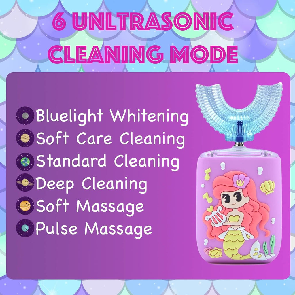 Kids Electric Toothbrush, U Shaped Toothbrush Kids Sonic Automatic Brush with 5 Brush Head 6 Sonic Clean Modes IPX7 Waterproof Mermaid Design Rechargeable Smart Timer for Children 2-7