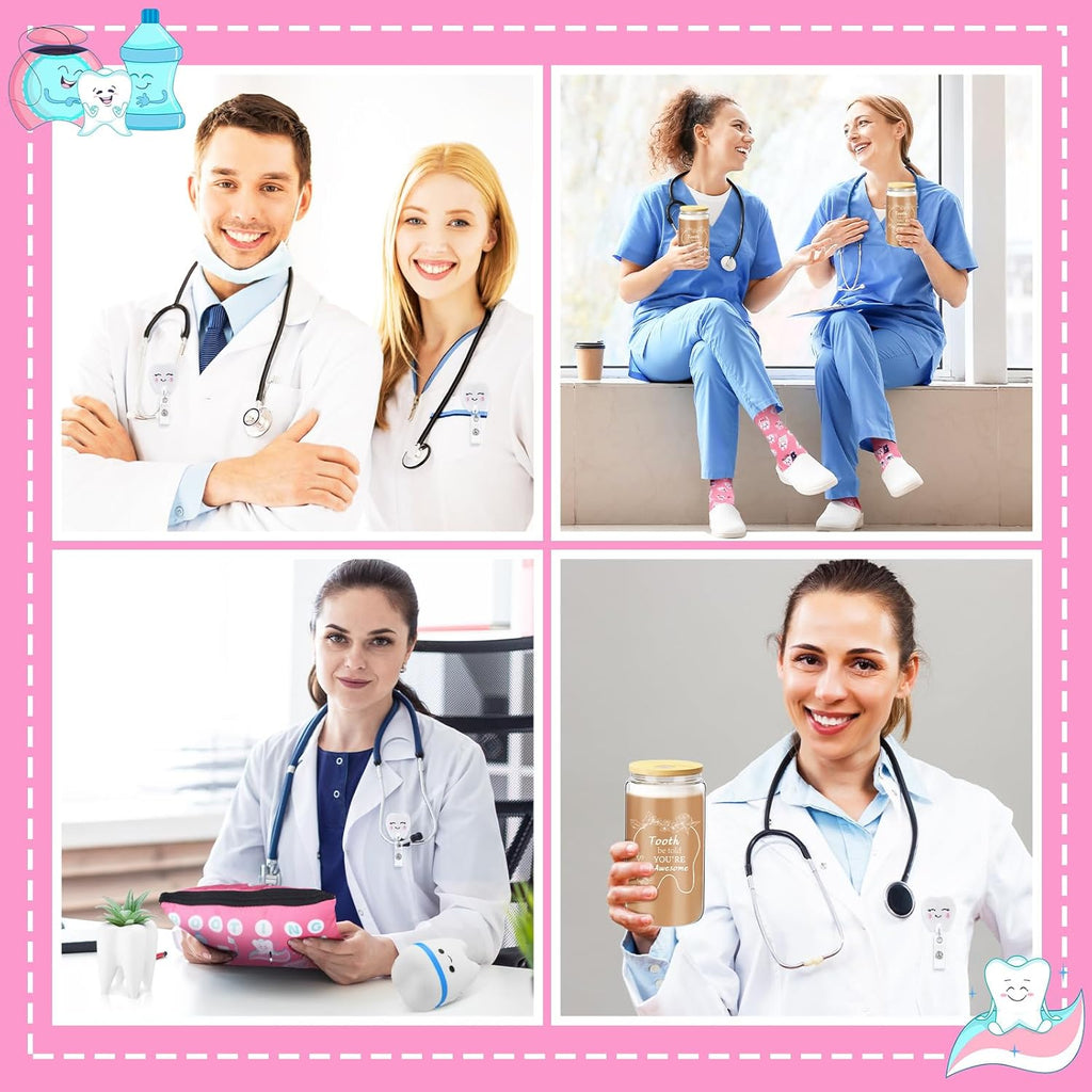 Pickmesh 6 Pcs Dental Gifts Nurse Assistant Hygienist Gifts 16 oz Glass Cups with Lid Makeup Bag Smiling Tooth Shape Felt Badge Holder Ceramic Pen Toothbrush Pot for Women Coworkers (Pink)
