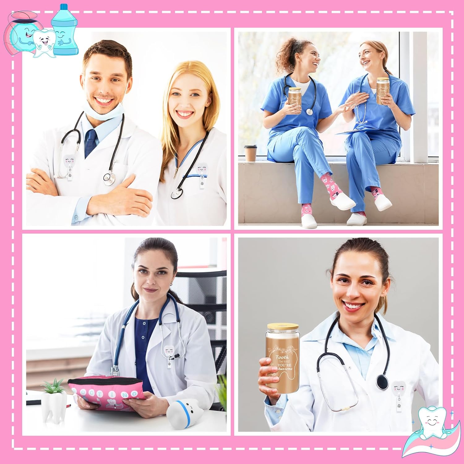 Pickmesh 6 Pcs Dental Gifts Nurse Assistant Hygienist Gifts 16 oz Glass Cups with Lid Makeup Bag Smiling Tooth Shape Felt Badge Holder Ceramic Pen Toothbrush Pot for Women Coworkers (Pink)