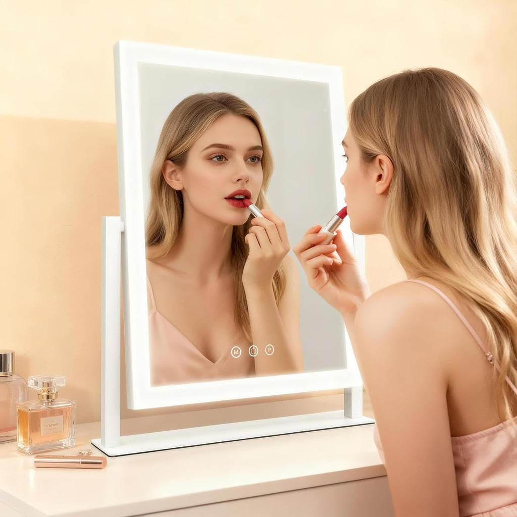 Vanity Mirror with Lights, Three Colors Lighting Mode, 360°Rotation, Lighted Makeup Mirror wih Stand for Desk, Bedroom, Dorm, 11x14.5 Inch