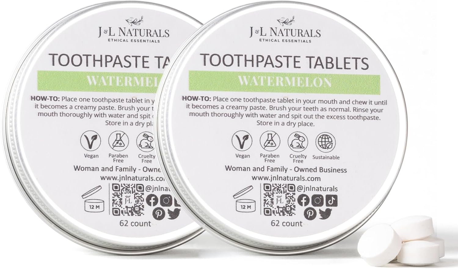 J&L Naturals Toothpaste Tablets | 62-Pack Travel-Friendly Toothpaste | Fluoride + Plastic Free, Vegan, Cruelty Free, Sustainable | Woman-Owned Small Business (Watermelon, 62 Count (Pack of 2))