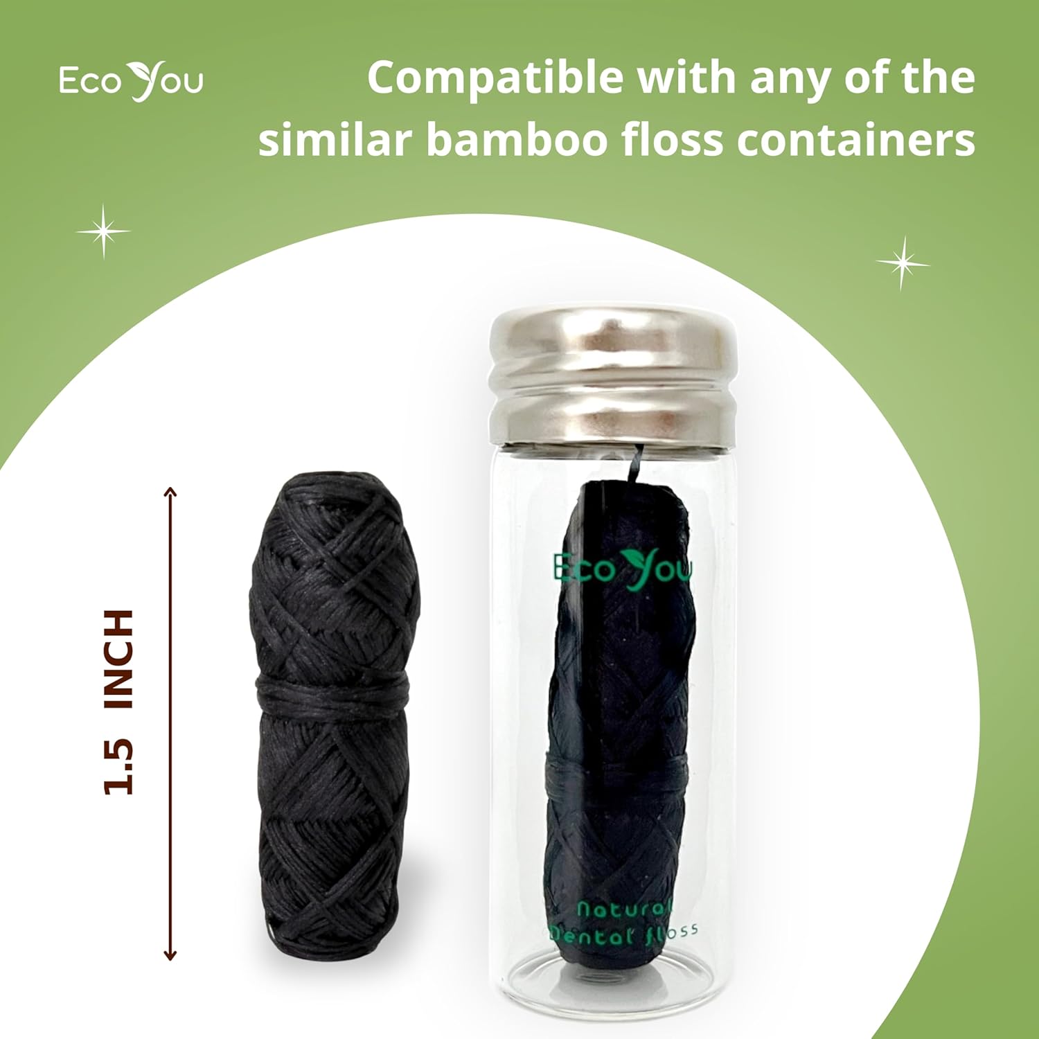 Charcoal Bamboo Floss | 2 Natural Floss Refill with Glass Container | Organic Mint & Candelilla Wax | Vegan & Biodegradable | Compatible w/Similar Dental Floss Silk Refill Containers
