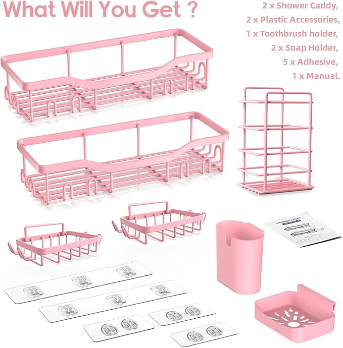 Shower Caddy Adhesive Shower Organizer 7-Pack, Rustproof Stainless Steel Bathroom Shelves, Large Capacity No-Drill Rack Storage Accessories with Soap Dish Toothbrush Holder Hooks (Pink)