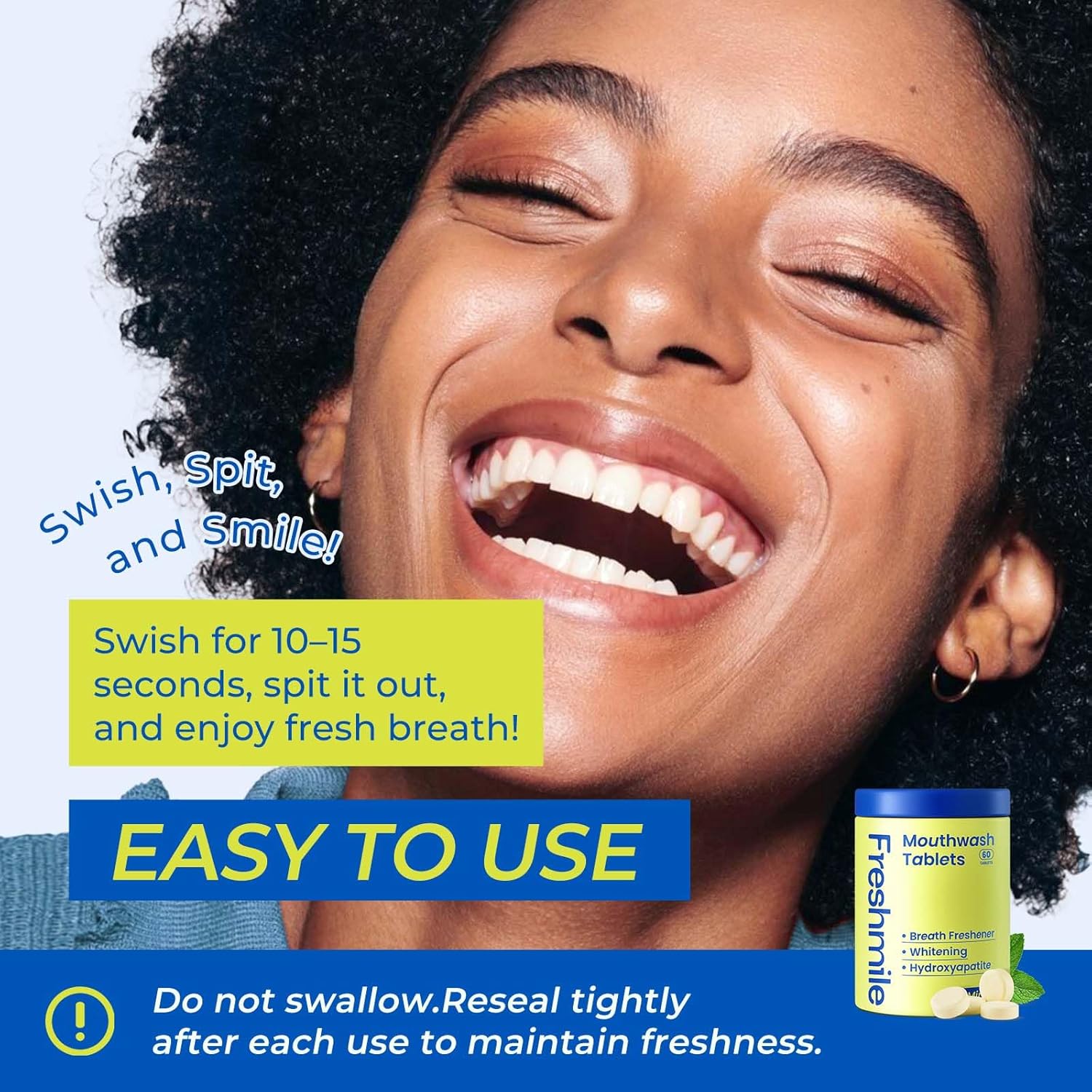 Travel Mouthwash Tablets for Smokers - Fluoride & Alcohol-Free, Xylitol & Nano-Hydroxyapatite (NHA) for Bad Breath Treatment & Natural Whitening, Mint Flavor (60 Count)