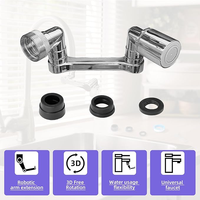 1080° faucet extender rotatable - All-Metal Swivel Faucet Extender with Dual Spray Modes, Universal Fit for Kitchen/Bathroom Sink, Anti-Splash Aerator with Tools (2 Pcs)
