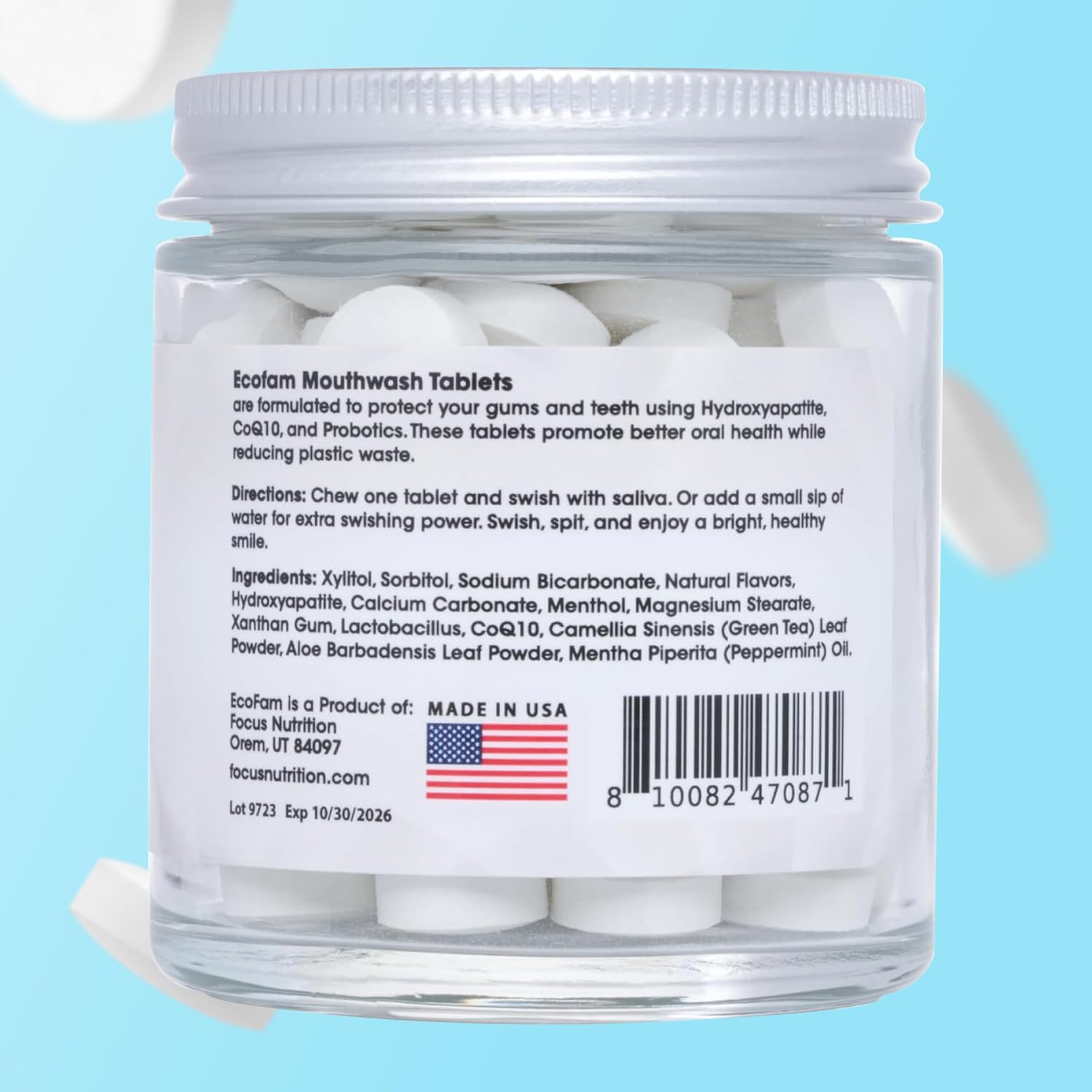 ECOFAM Peppermint Mouthwash Tablets - Chewable Tablet for Fresh Breath Fluoride Free Alcohol Free Travel Size Mouthwash - 90 Tablets