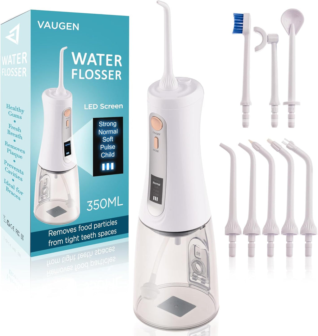 Portable Water Flosser – Cordless Oral Irrigator for Teeth Cleaning | 8 Jet Tips and 5 Modes | Travel and Home Use | Rechargeable and IPX7 Waterproof – White