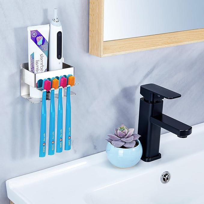 Toothbrush Head Holders, Electric Tooth Brush Head Holder, Adhesive Toothpaste Holder for Shower Bathrooms, Wall Mounted Tooth Brushing Holder Organizer Storage (Silver, Small)