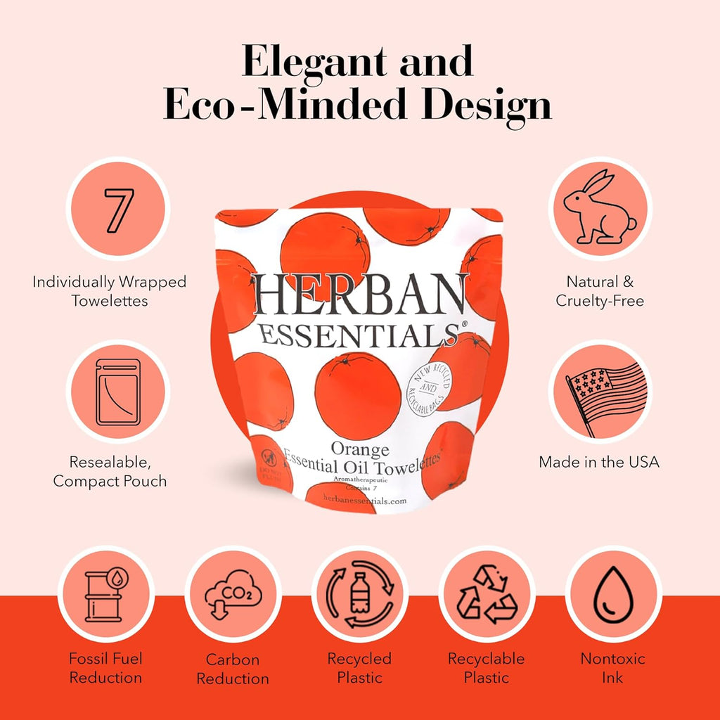 Herban Essentials - Orange Wipes & Towelettes - Essential Oil Wipes for Make Up, Hands, Face & Body - Travel Size Essentials & Toiletries - Natural, Individually Wrapped, Disposable & Moist (7 count)