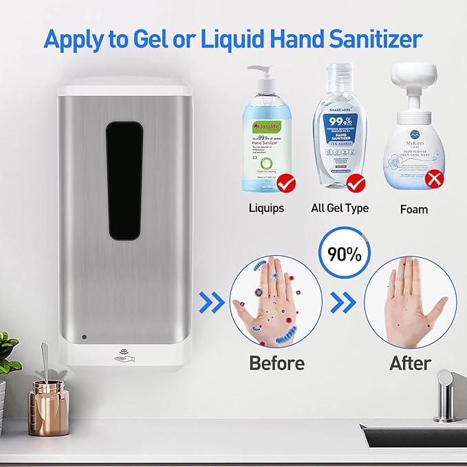 Automatic Hand Sanitizer Dispenser, Jewaytec 1000ML Wall Mounted Stainless Soap Dispenser Touchless Auto Liquid Dispenser for Office, Home, Restaurant