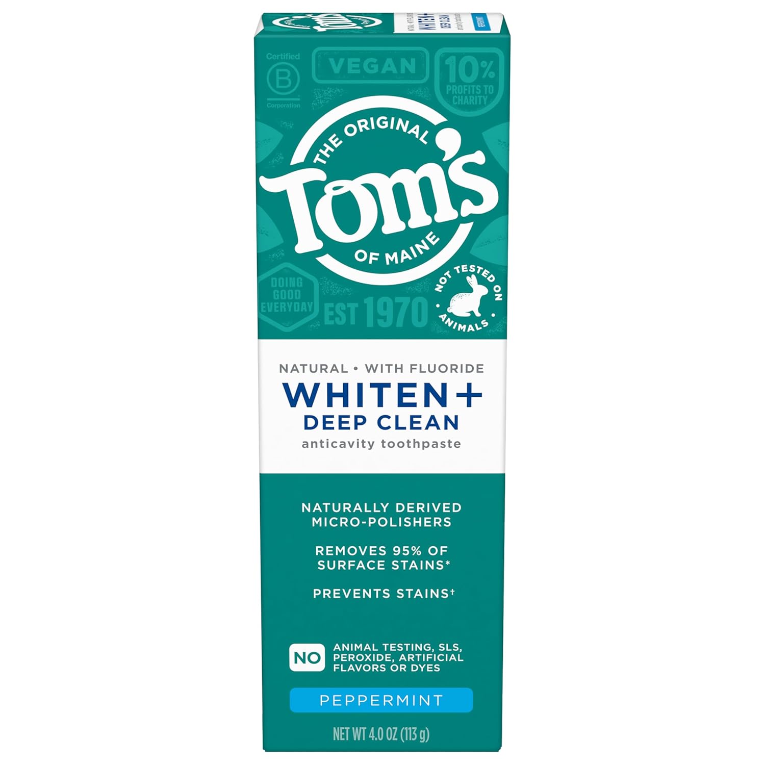 Tom’s of Maine Whiten Plus Deep Clean Whitening Toothpaste, Natural Whitening Toothpaste with Plant-Based Cleansers, Enamel Safe Formula, Whitens Without Causing Sensitivity, Peppermint, 4.0 oz