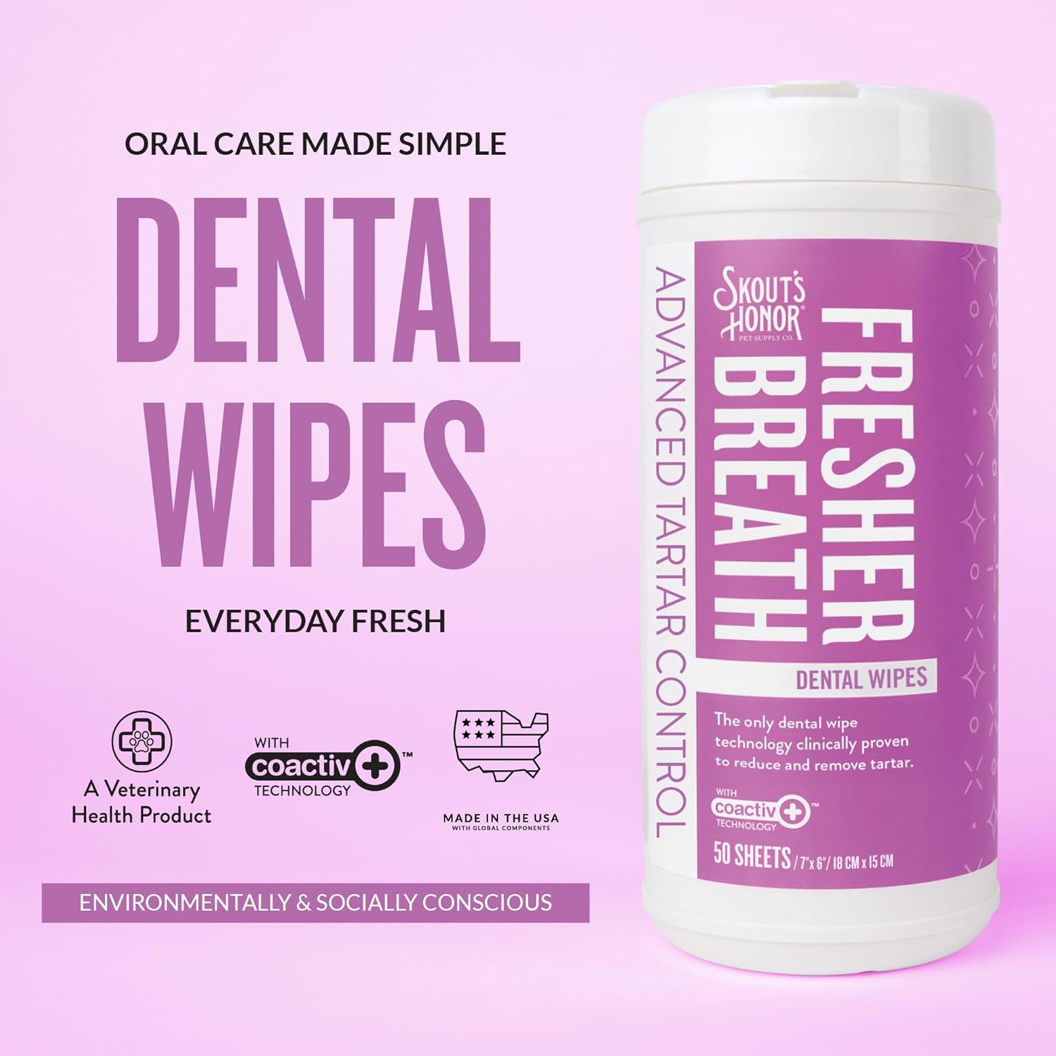SKOUT'S HONOR Fresher Breath Dental Wipes- Pet Dental Wipes - Fights Plaque and Tartar, Freshens Breath Fast, No Brushing Required, 50 Sheets