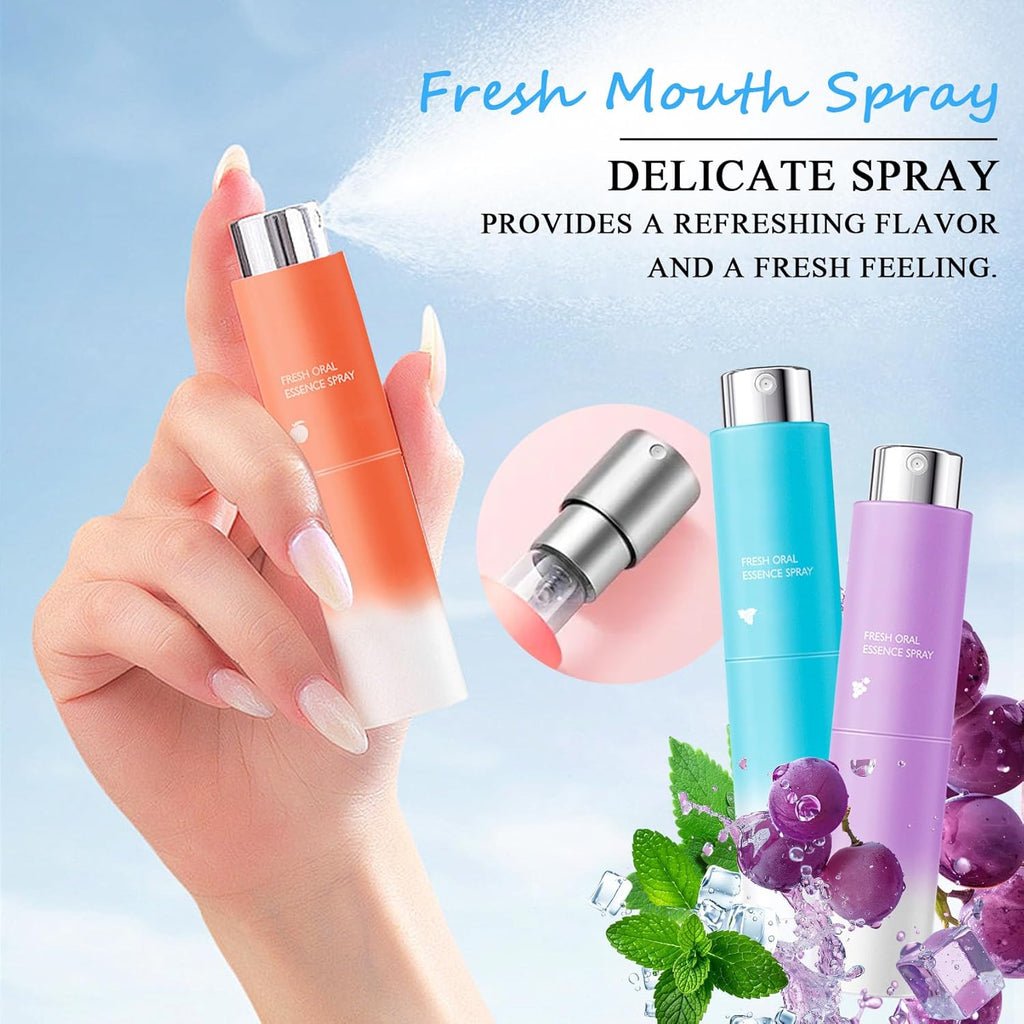 3PCS Breath Fresheners,Peach,Grape,Mint Flavors Fresh Breath Spray for Oral Care,Travel Size Mouth Rinse Fresheners,Refreshing Mini Mouth Sprays for Carrying Around