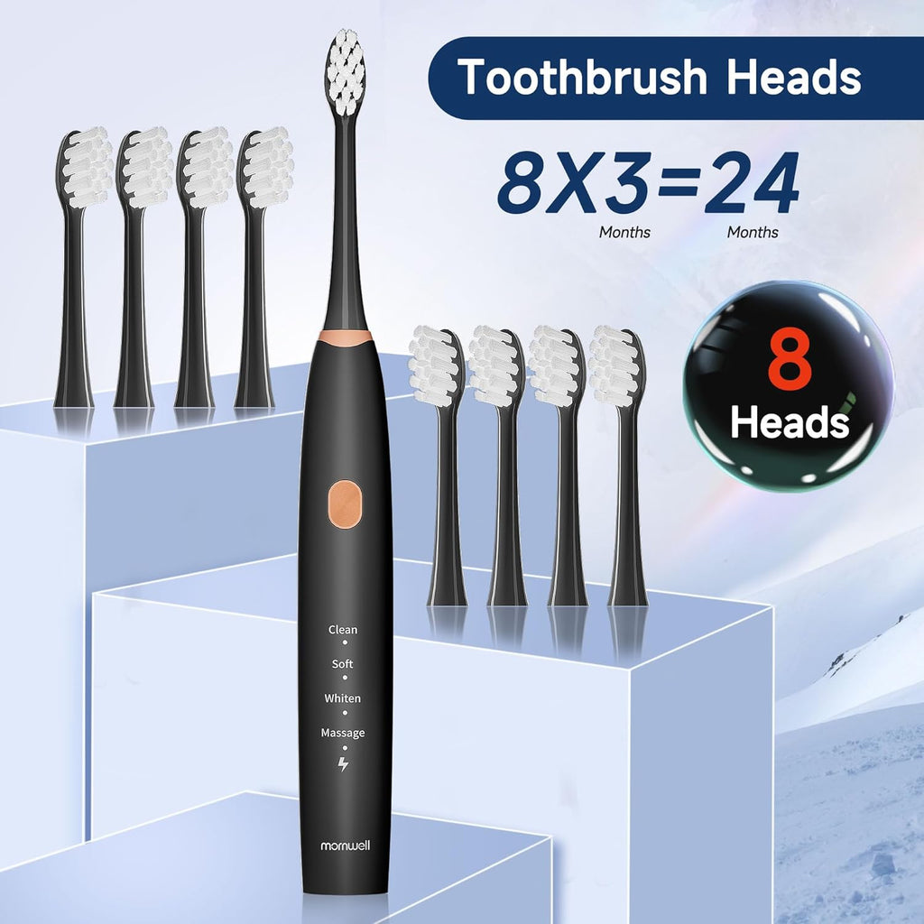 mornwell Sonic Electric Toothbrushes, Rechargeable Electric Toothbrush with 8 Brush Heads 76000 VPM Deep Clean 4 Modes, Travel Toothbrushes Fast Charge 4 Hours Last 45 Days for Adults and Kids