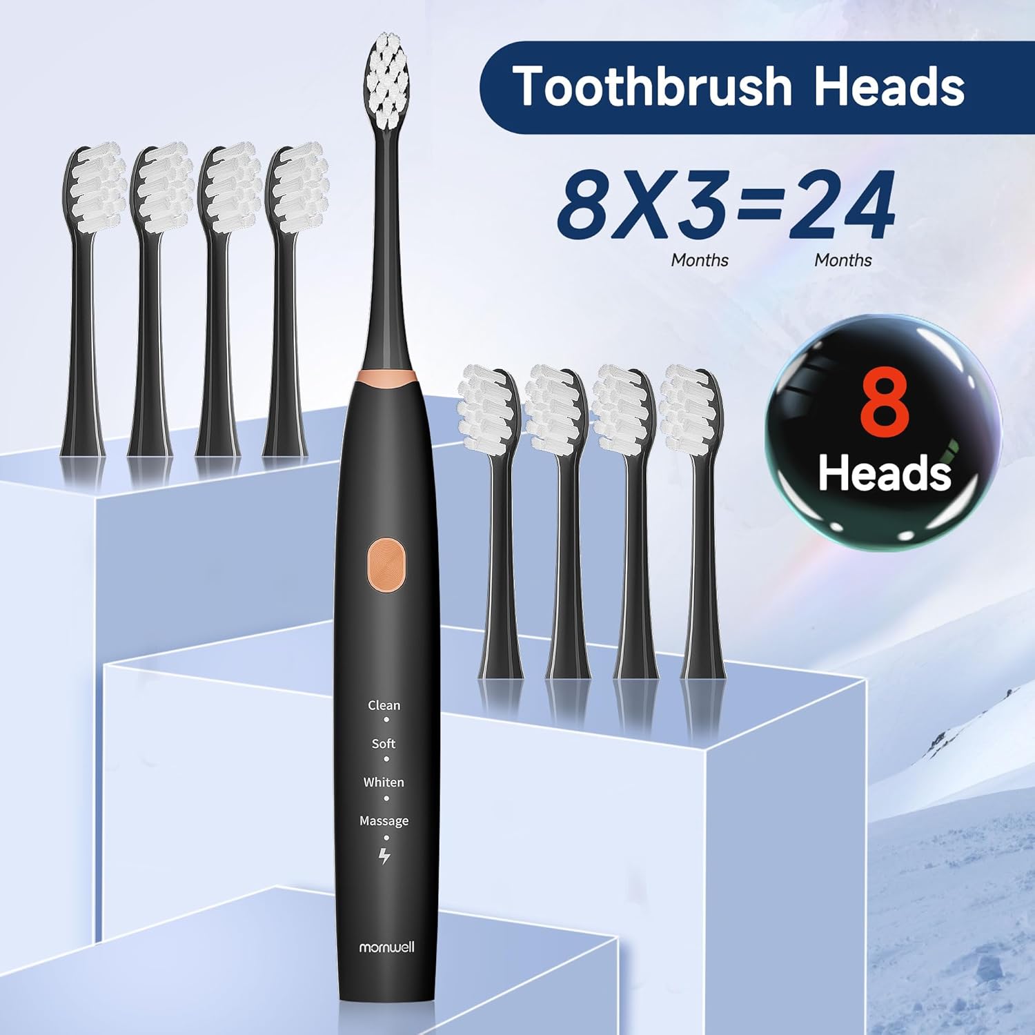 mornwell Sonic Electric Toothbrushes, Rechargeable Electric Toothbrush with 8 Brush Heads 76000 VPM Deep Clean 4 Modes, Travel Toothbrushes Fast Charge 4 Hours Last 45 Days for Adults and Kids