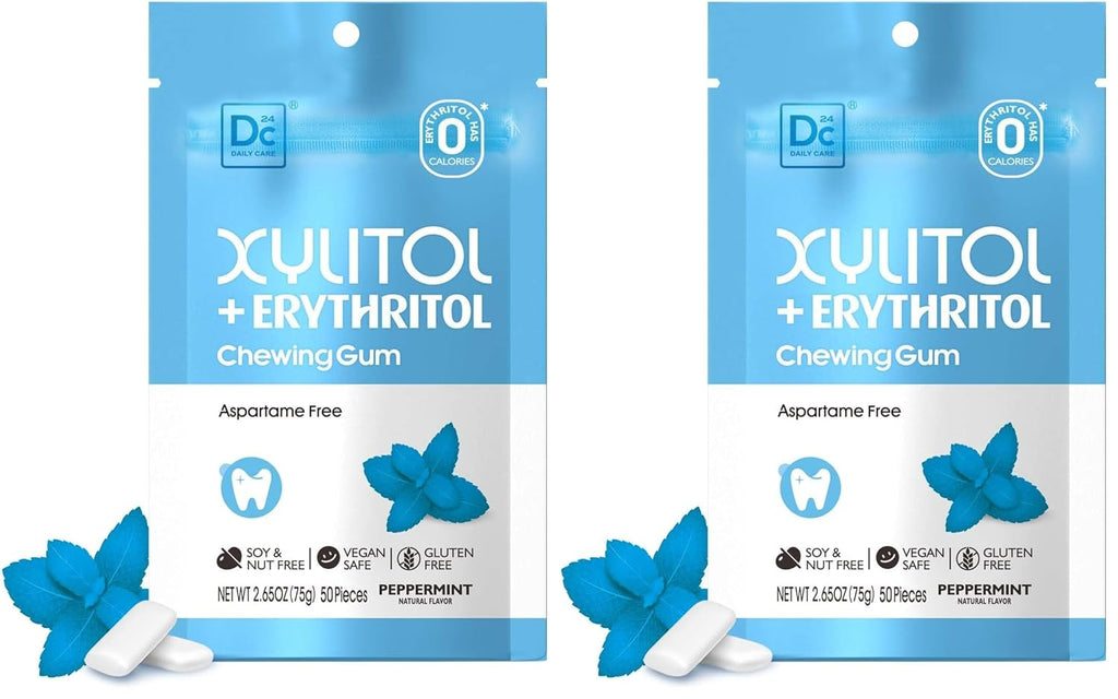 DC24 DAILY CARE Gum, Aspartame Free & Sugar Free Gum, Xylitol Chewing Gum with Erythritol, Low-Calorie, Sugarless, Natural Peppermint, 50 Pieces (Pack of 2)