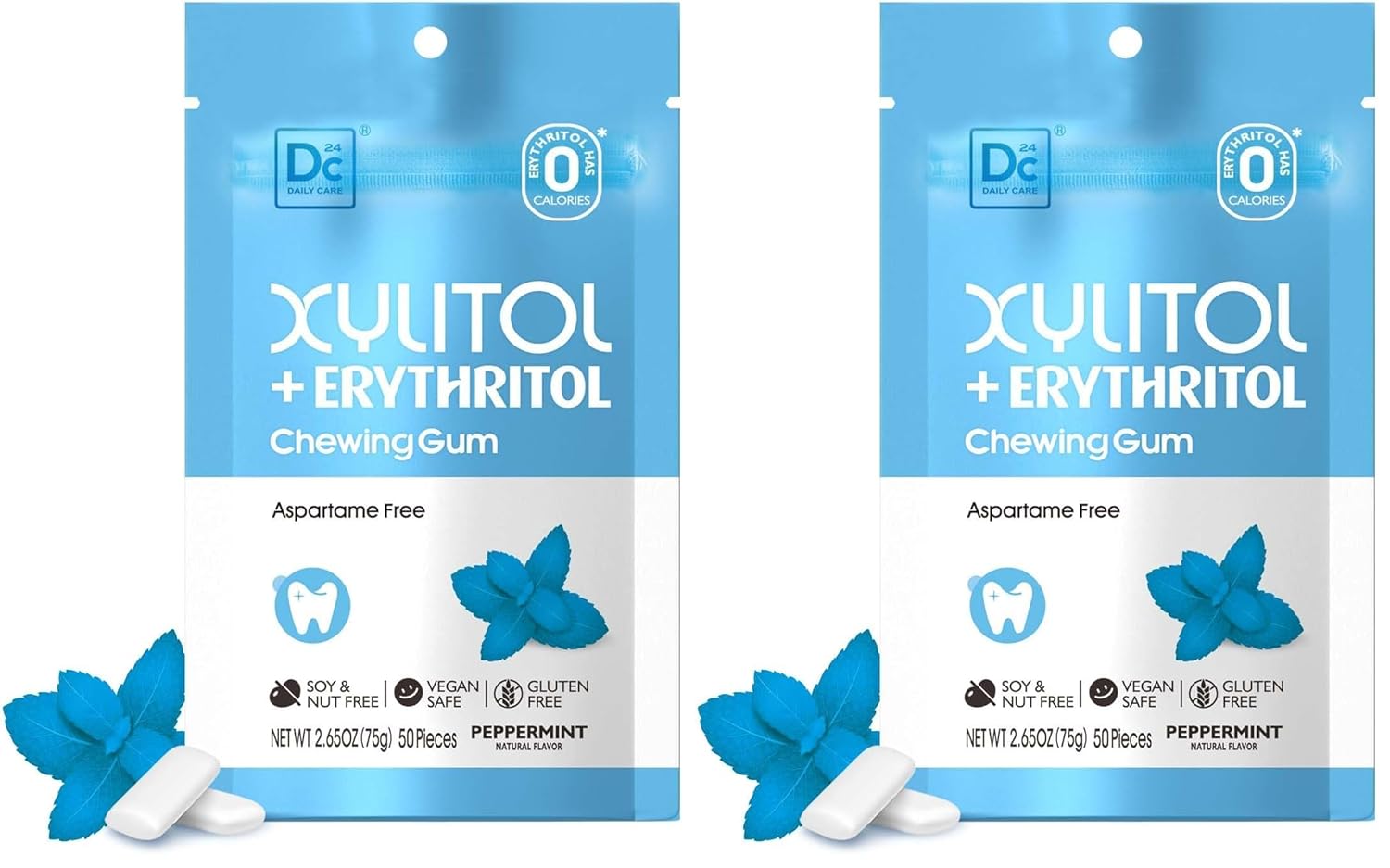 DC24 DAILY CARE Gum, Aspartame Free & Sugar Free Gum, Xylitol Chewing Gum with Erythritol, Low-Calorie, Sugarless, Natural Peppermint, 50 Pieces (Pack of 2)