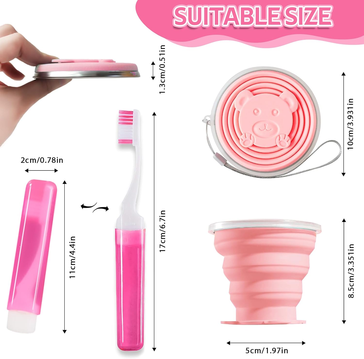 Toothbrush Travel Case, Travel Toothbrush Silicone Collapsible Toothbrush Cup, Travel Toothbrush Set Suitable for Business Camping Travel or Daily Use (Pink)