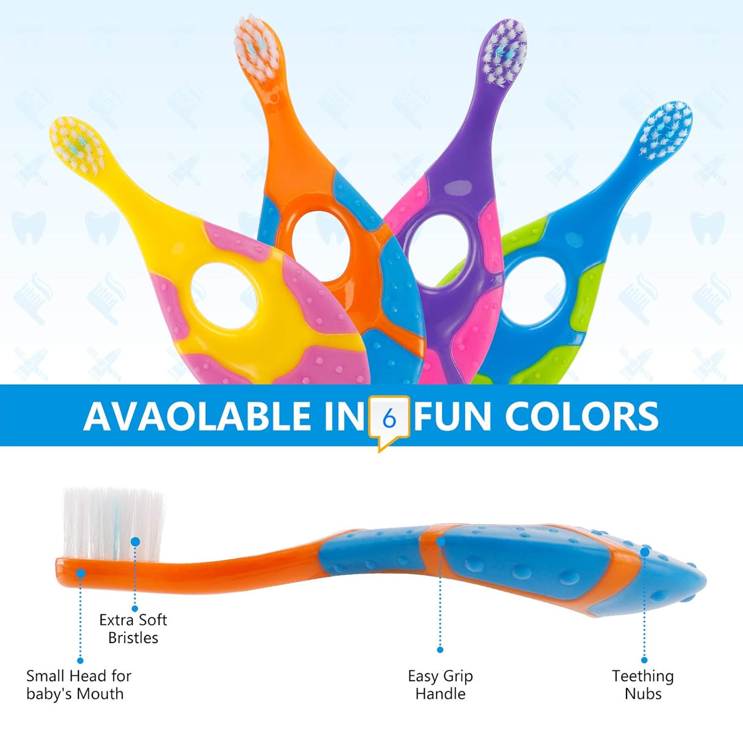 Slotic Baby Toothbrush & Toddler Toothbrush for Age 0-2 Years Old | Extra Soft Bristle for Baby Teeth & Infant Gums | Easy-Grip Finger Handle & Teething Pad | Dentist Recommended | 6-Pack