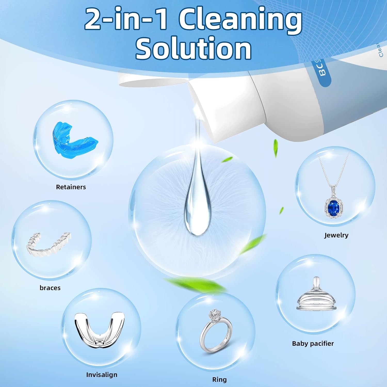 BCOM Ultrasonic Retainer Cleaner Solution, Jewelry Cleaner Solution Deep Clean for Retainer, Mouthguards, Night Guards, Aligners and Jewelry Ring, Odor Stain Remover for Cleaner 8.5 oz,2 Pack