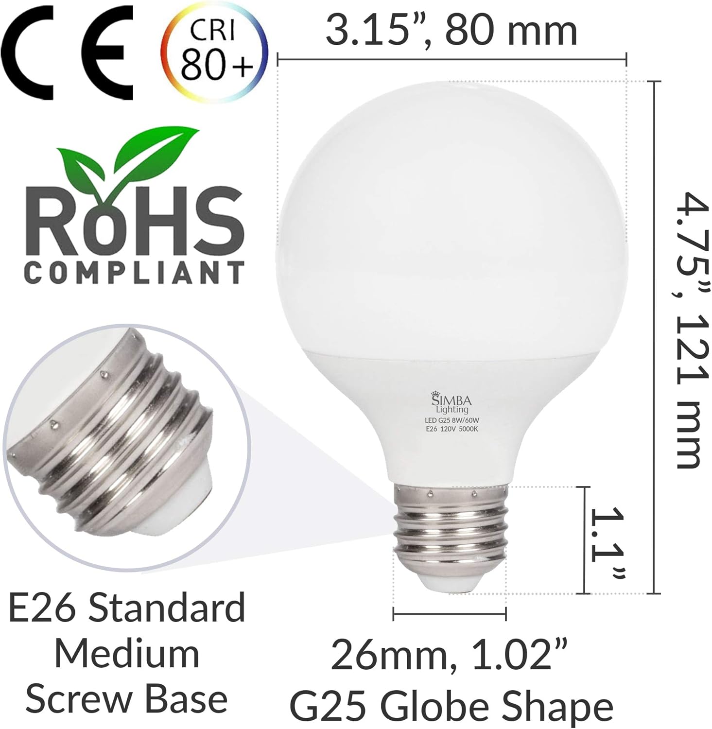 Simba Lighting LED Vanity Globe G25 (G80) Light Bulb for Bathroom, Makeup Mirror | Decorative White Frosted Cover, 8W, 60W Equivalent, 120V, Standard E26 Medium Base, Daylight 5000K, Pack of 3