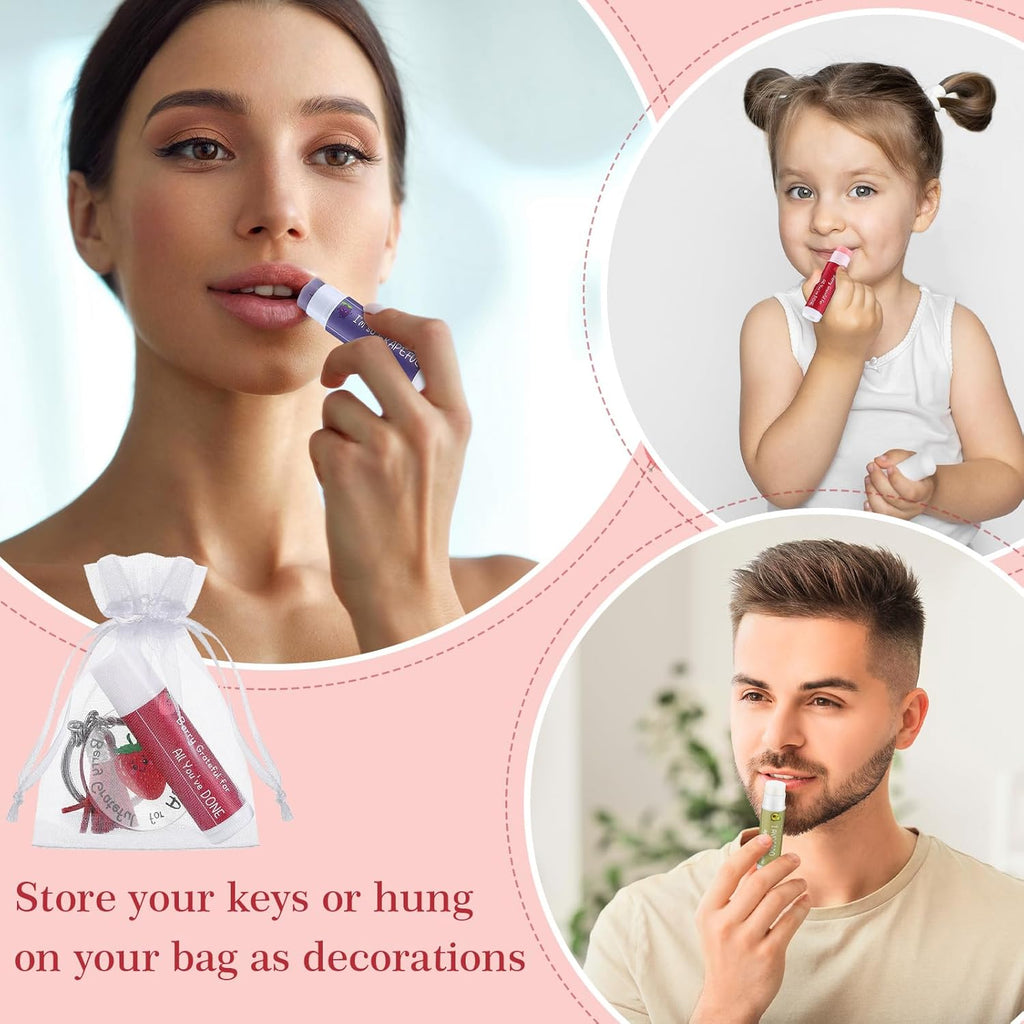 30 Sets Moisturizing Lip Balms Bulk Employee Appreciation Gifts with Fruit Pun Keychains and Organza Bags for Coworker Teacher Appreciation Thank You Gifts