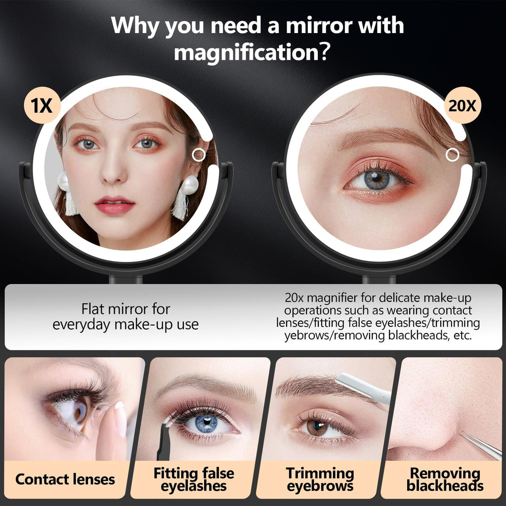 MIYADIVA Makeup Mirror with Lights,20X Magnifying Mirror with Light and Touch Switch,Vanity Mirror with 3 Color Light and 80 LEDs,2-Sided Lighted Magnified Mirrors 8.8 Inches, Black