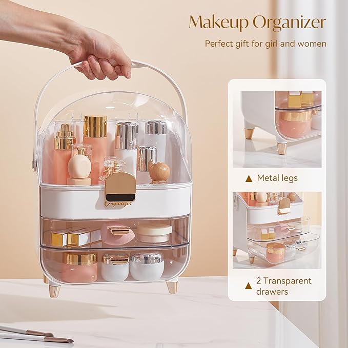 Makeup Organizers, Make Up Organizer for Vanity, Countertop Cosmetic Storage with Drawers and Transparent Cover for Bedroom Bathroom, Pearl White