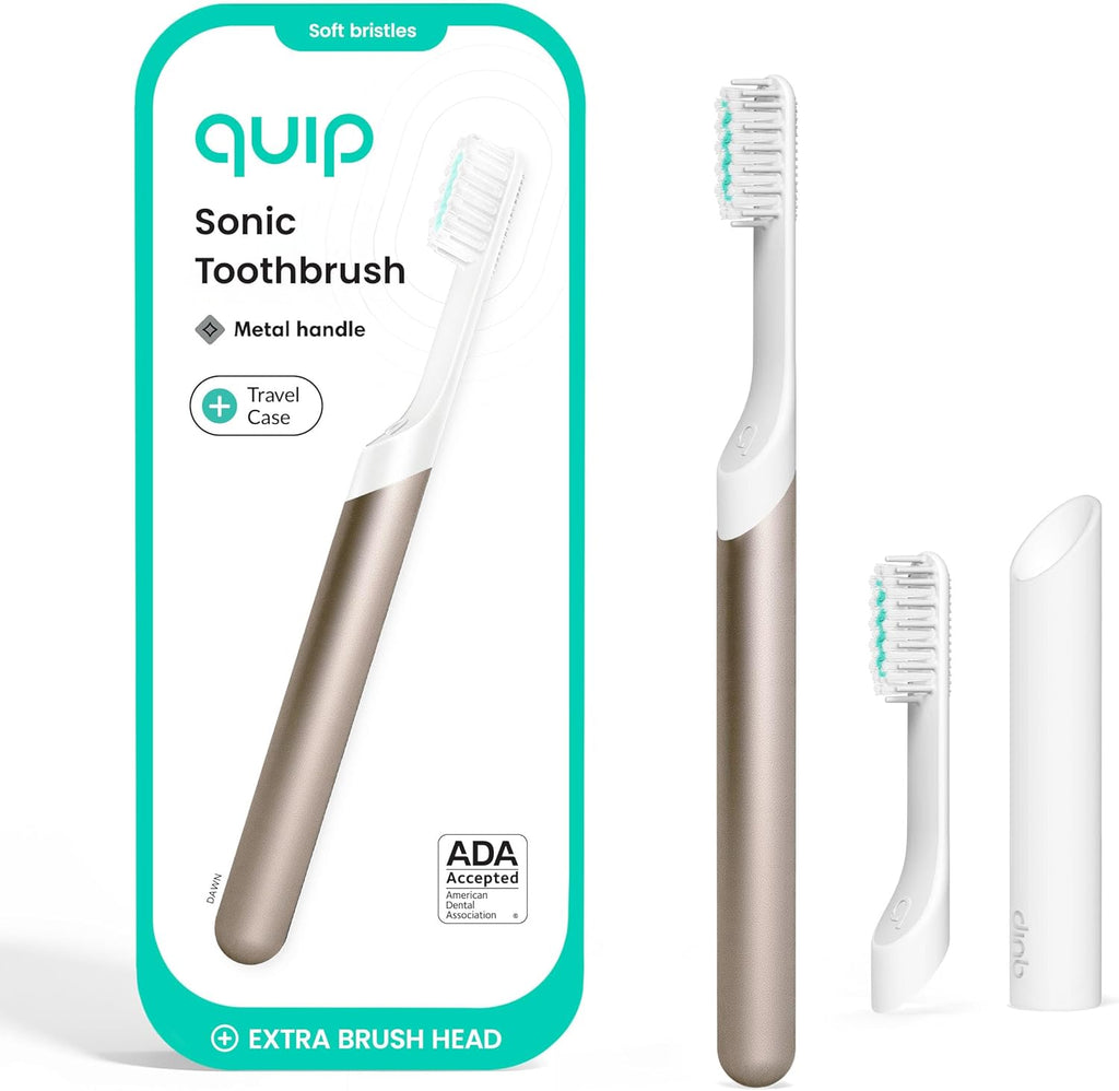 Quip Metal Sonic Electric Toothbrush for Adults - Time Travel & Soft Bristles with Travel Case & Replacement Brush Head - 3 Month Battery Life - Dawn Peach Gold