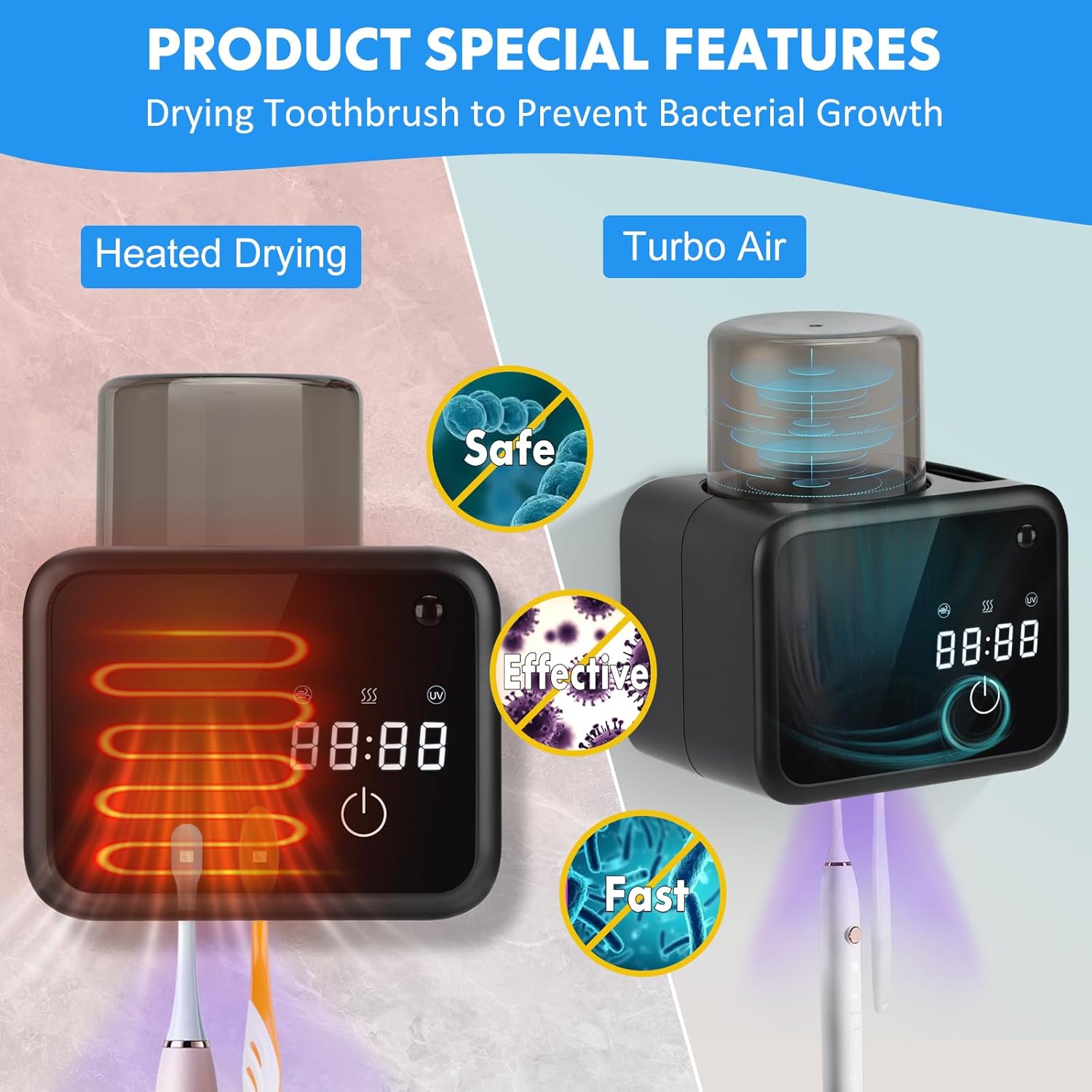 Wall Mounted Toothbrush Cleaning Holder, 2 Slots Toothbrush Cleaner with LED Screen, Timer and Cup, Smart UV Toothbrush Storage with Heating and Fan Drying for Bathroom Organizer & Decor - Black