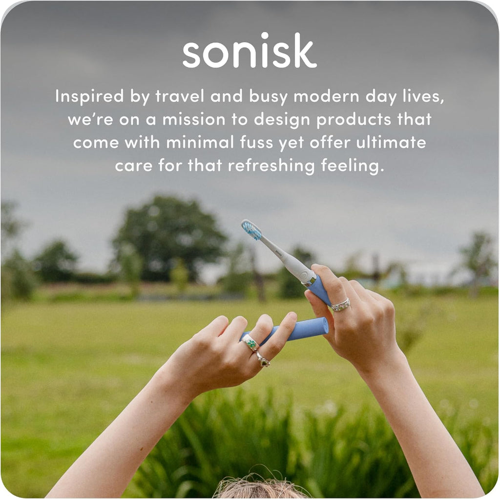 Sonisk Pulse | Battery Powered Electric Toothbrush | Sonic Technology | 1x Battery, 2X Brush Heads, 1x Travel Case Included | 31,000 Strokes Per Minute | Portable Size | Metallic Silver