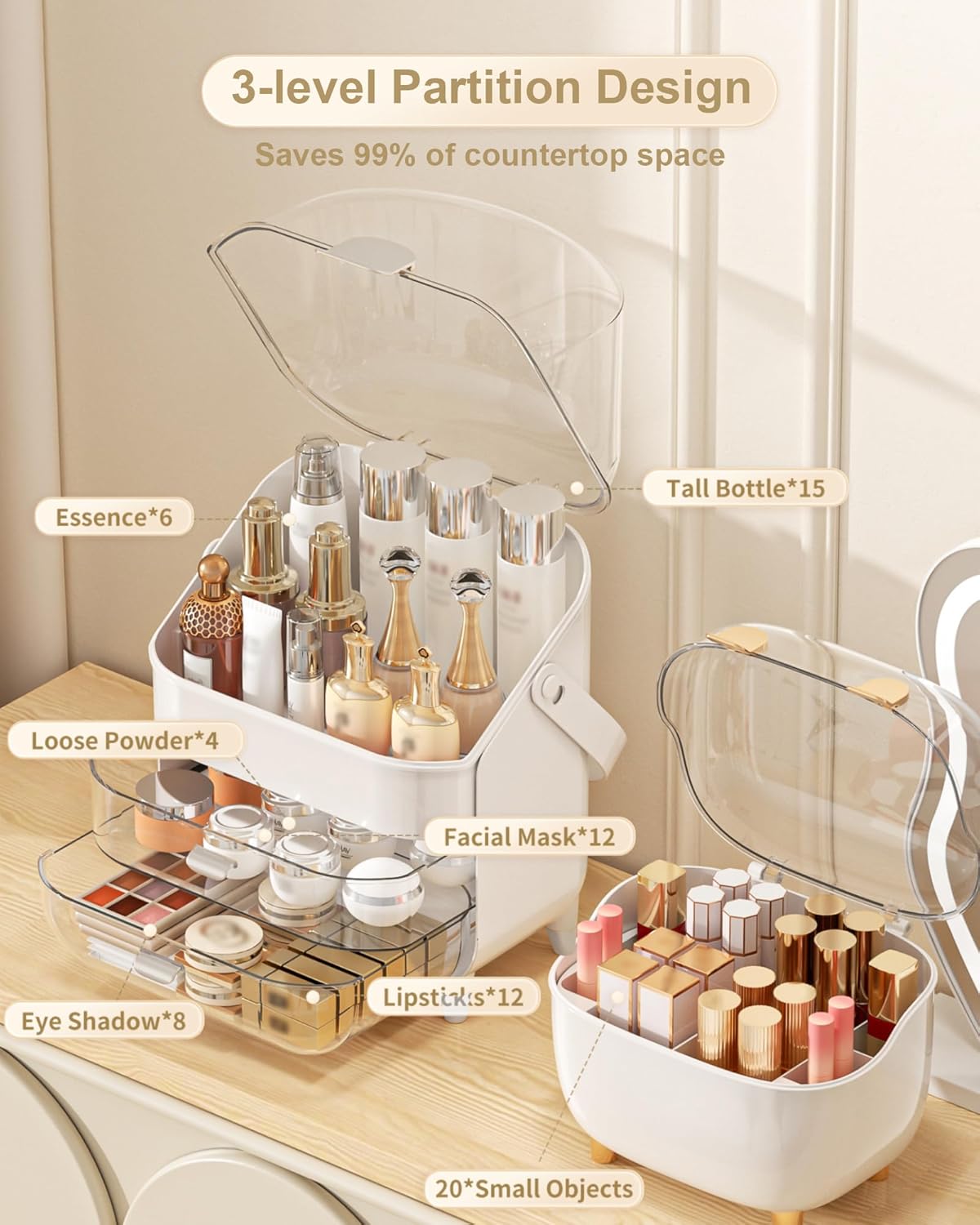 Makeup Organizer with Lipstick Holder, Skincare Organizers Storage Box Cosmetic Display Cases, Teen Girl Gifts Make up Organizers for Vanity, Dresser, Countertop, Bathroom(Silver)