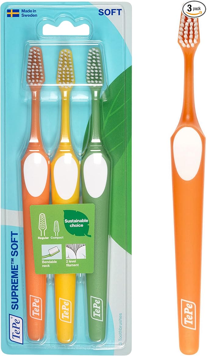 TePe Supreme Toothbrush, Soft Bristle Toothbrush, Tapered Brush Head for Sensitive Teeth and Gum Care, Adult, 3 Pack