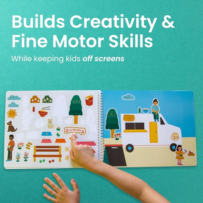 CUPKIN Sticker Book for Kids 2-4, 500+ Kids Stickers, Food Truck Adventure 12 Coloring Pages 12 Side by Side Scenes Fun Toddler Travel Activity Coloring and Sticker Books for Ages 4-8 + 8-10